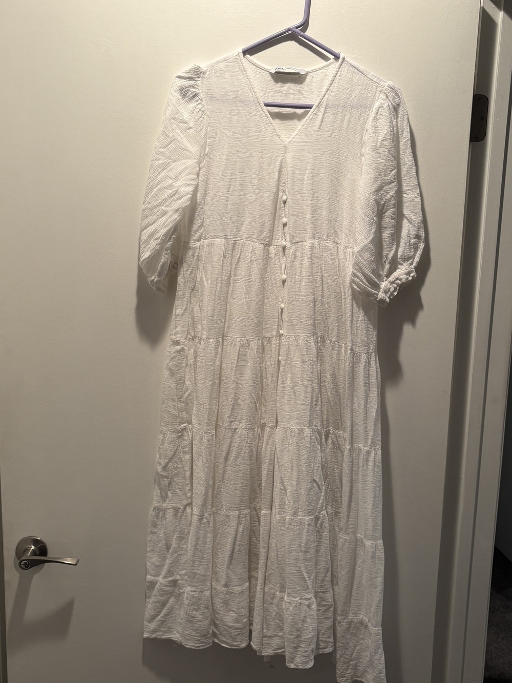 Zara White V-Neck Tiered Maxi Dress with Puff Sleeves